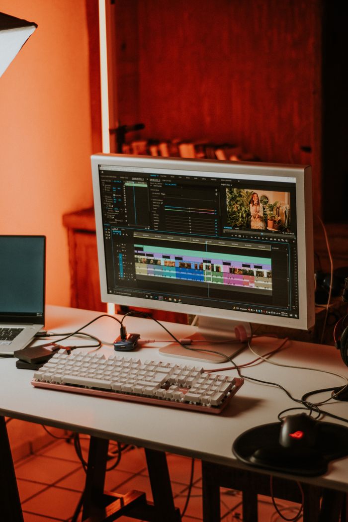 A cozy workspace featuring a computer setup for video editing, perfect for creatives.