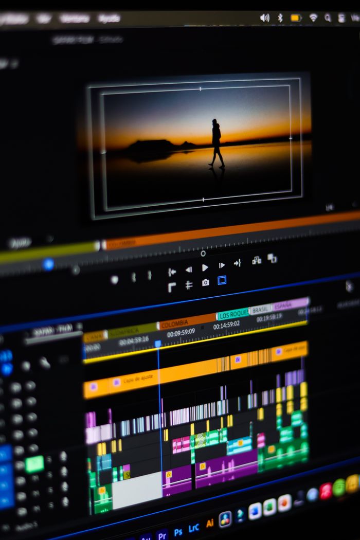 services-04 Close-up of video editing software interface on a computer monitor showing timeline and preview.